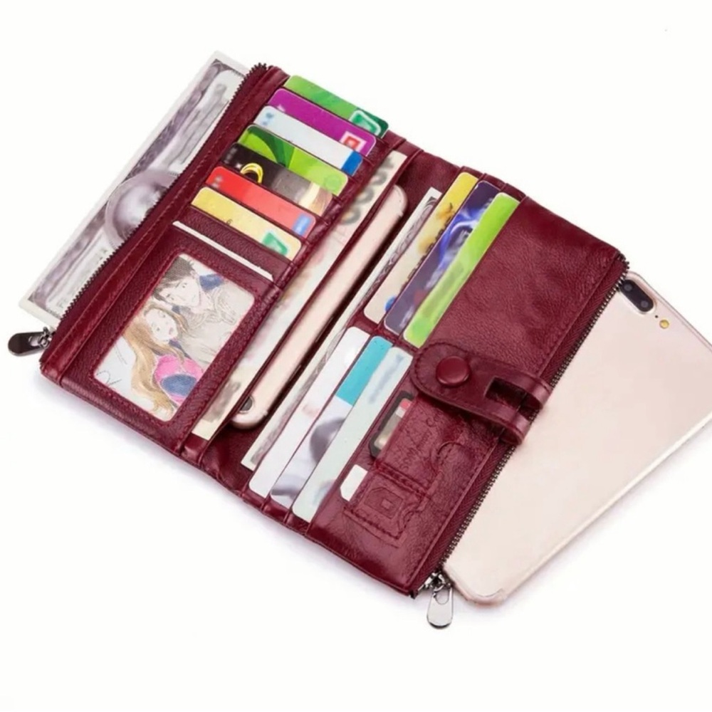 Burgundy Red Genuine Leather RFID Blocking Long Clutch Wallet Organizer - Picture 2 of 5